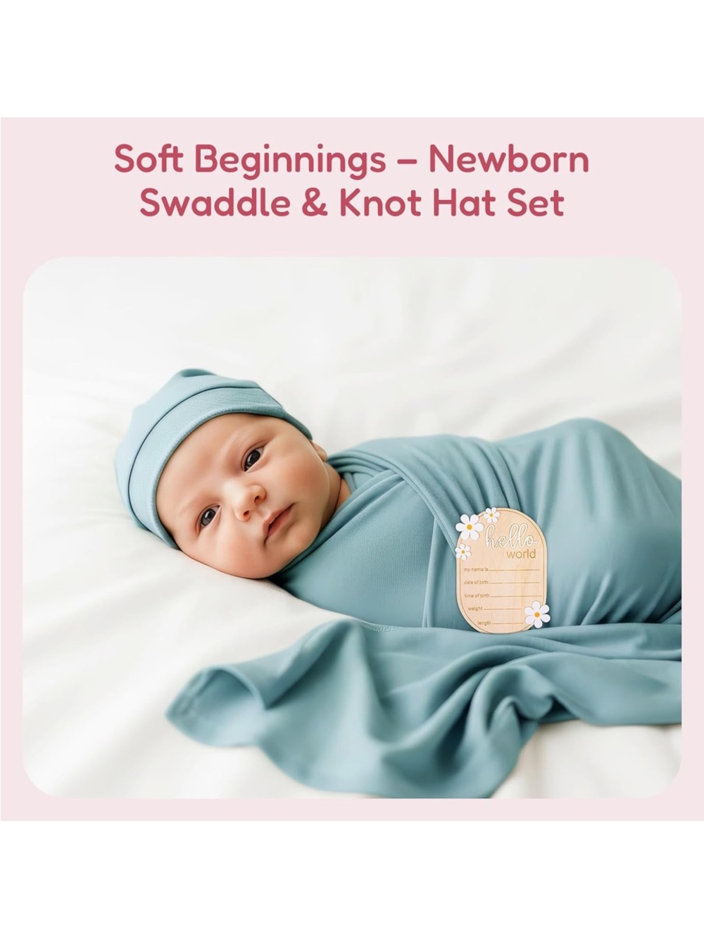 Bliss Teal Blue Baby Swaddle Blanket with Knot Hat Set - Picture 2 of 2
